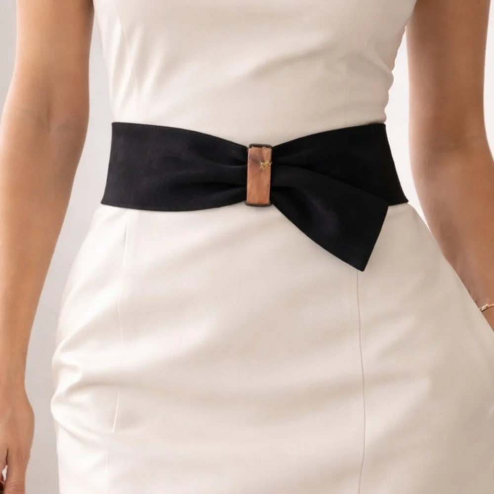 Armani Exchange XS/S Black Suede Leather Elastic Waist Belt Silver Hardware